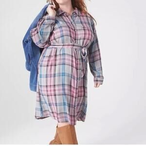 Lane Bryant Gray Pink&Blue Plaid Button Front Shirt Dress Sz.28W NWT